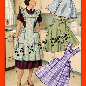 May include: A sewing pattern document labeled 11 x 17 PDF featuring illustrations of three different apron styles. One apron is light blue with white flowers, one is solid green with red trim, and one is purple and white plaid with a cross-back design.