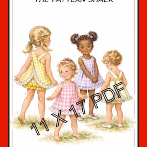 May include: Illustration of four young children wearing gingham dresses. The dresses are in yellow, pink, and lavender, with white lace trim. The text "THE PATTERN SHACK" and "11 X 17 PDF" are also visible.