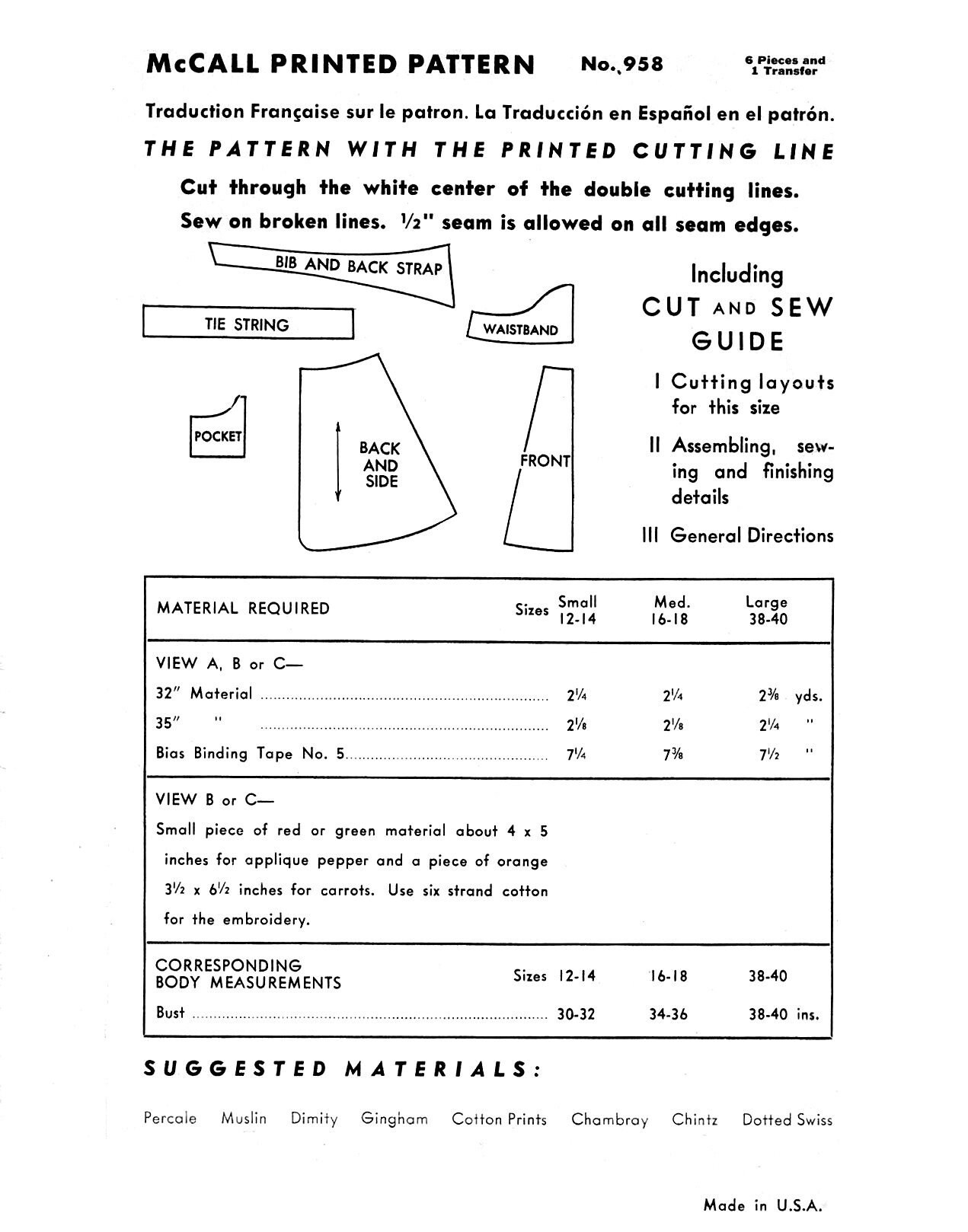 Vintage 1942 Apron Sewing Pattern: Fitted W Applique Mccall 958 (11 X ...