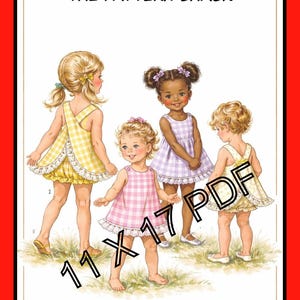 Puede incluir: Ilustración de un patrón de costura vintage con cuatro niños con vestidos de cuadros. Los vestidos son amarillos, rosas y lavanda, con ribete de encaje blanco. El texto "THE PATTERN SHACK" está en la parte superior, con "Child Size 5" y "S8165".