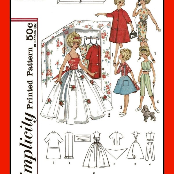 12" Doll CLOSET and Clothing Formal Dress + more Simplicity 4883 Vtg 1960's PDF Sewing Pattern