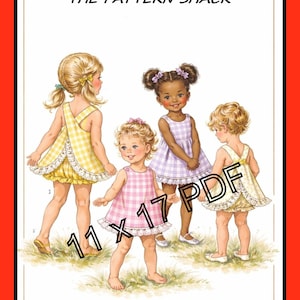 May include: Illustration of four young children wearing gingham dresses in yellow, pink, and lavender. The image includes the text "THE PATTERN SHACK" and "11 X 17 PDF". The pattern is for child size 1/2 (6 mos).