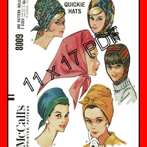 Molde para capuz, lenço, chapéu/turbante, tamanhos 21-1/2" - 23", McCall's 8009, PDF, 11 x 17, vintage de 1965, artesanato de costura.