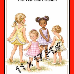 Pode incluir: Ilustração de um padrão de costura vintage com quatro crianças em vestidos xadrez. A imagem inclui o texto "THE PATTERN SHACK", "Child Size 6" e "S8165". As palavras "11 X 17 PDF" também estão presentes.