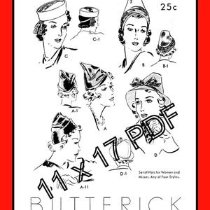 Misses HATS 4 Unique Styles Very RARE Butterick 7852 Vintage 1938 PDF 11 x 17 Sewing Pattern