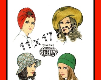 Patrón de costura en PDF de 11 x 17 (4 estilos: turbante, cubo, gorra y boina grande, 3665, año 1972)