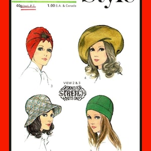 HAT 4 Styles Turban, Bucket, Cap, Large Beret Style 3665 Vtg 1972 PDF 11 x 17 Sewing Pattern