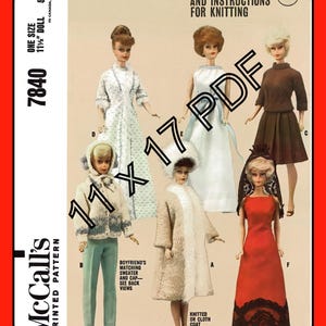 Ubranka dla lalek McCall's 7840 Vintage 1965, 11-1/2" (ok. 11-1/2"), wzór do szycia i robienia na drutach, PDF, 11 x 17