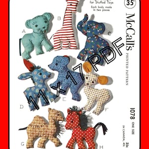 Small Stuffed Animals Sewing Pattern, Vintage McCall's 1078 11 x 17 (PDF Pattern)