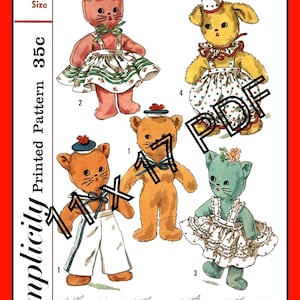 Patrón de costura para animales de peluche: perro, gato, conejo, juguete Simplicity 1843 Vintage 1956 (PDF 11x17)