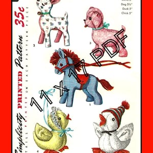 Stuffed Animals Pattern Horse Duck DOG Chick LAMB Toy Simplicity 1404 Vtg (11x17 PDF)