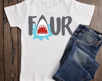 Shark Birthday FOUR t-shirt, 4th birthday Shirt, Shark Birthday,  personalized, shirt, t-shirt, Jaws birthday, shark fourth birthday