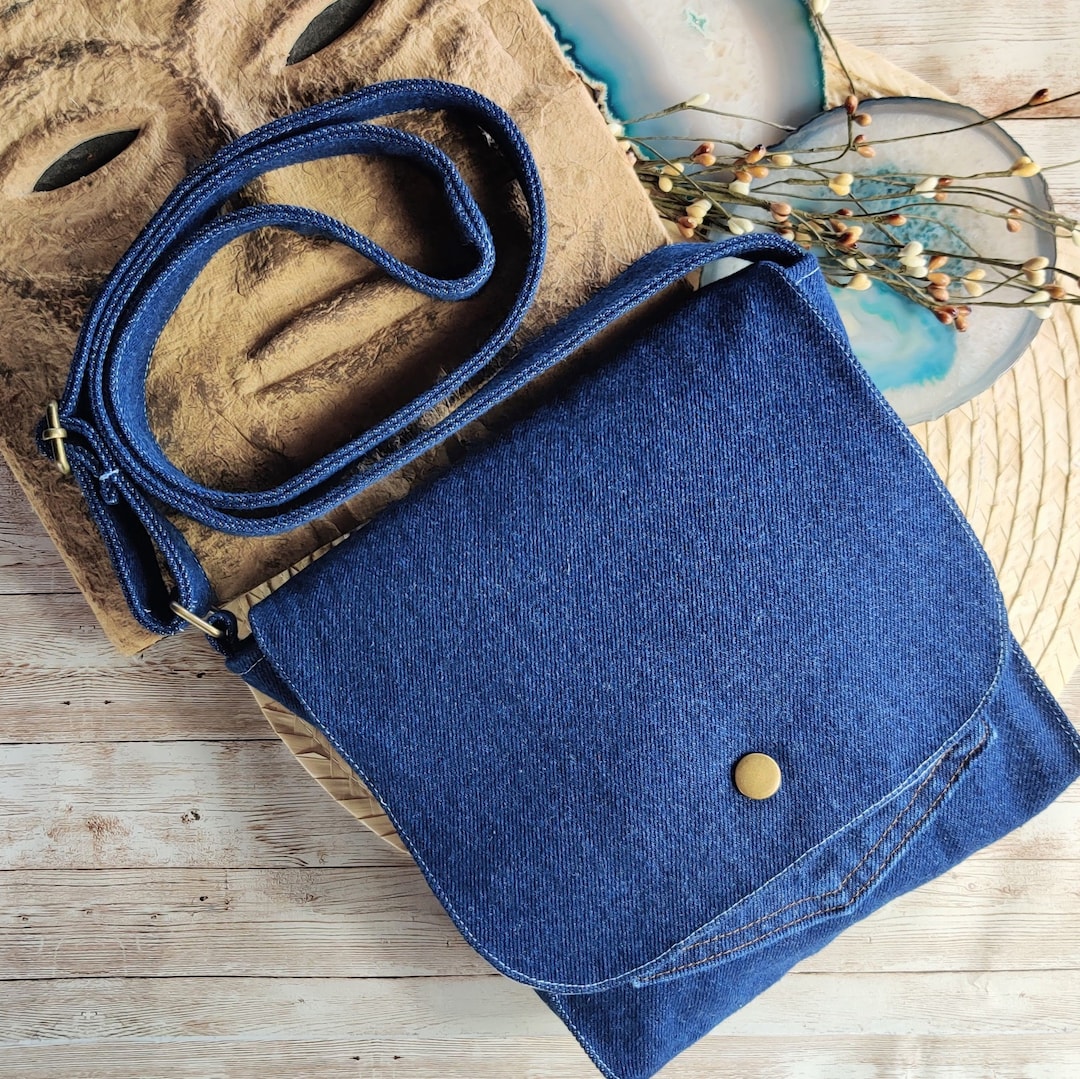 Upcycled Blue Jean Fabric Crossbody Bag, Bag Made With Recycled Denim