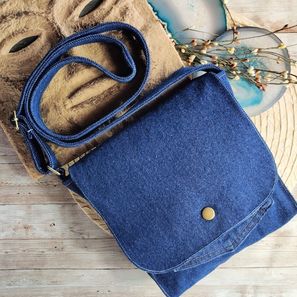 Upcycled Blue Jean Fabric Crossbody Bag, Bag Made with Recycled Denim, Handmade Purse with Flap, Unisex Bag, Mother's Day Gift