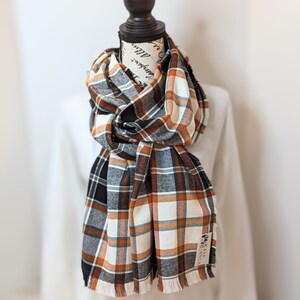 Handmade Machine Sewn Cotton Flannel Plaid Scarf in Orange, Black and White Colors, Unisex Scarf, Fall and Winter Wear, Christmas Gift