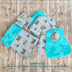 Baby Receiving Blanket, Swaddle Blanket, Bib, Burp Cloth, Pacifier Pouch, Blanket Set, Blue Orange, Baby Shower Gift, Newborn Baby Boy