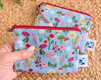 Meadows Blue Flowers Mini Zip Pouch, Handmade Floral Fabric Makeup Bag, Cute Mushroom Print Bag for Everyday Essentials, Graduation Gift!