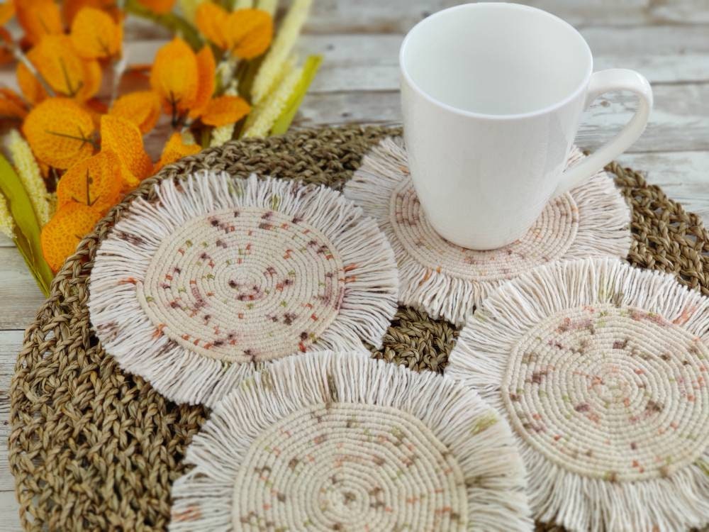 Blush Pink Desk Accessories for Women. Boho Work Space Home Office Decor.  Macrame Coaster With Fringe for Coffee Mug. Cosy Hygge Placemat 