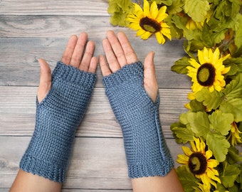 Blue Fingerless Gloves Hand Knit, Cellphone Gloves, Wrist Warmers, Hand Warmers, Fall and Winter Mittens, Mother's Day Gift!