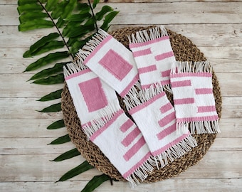 Handwoven Coaster Set of 6 in Pink and White, Woven Coaster, Handmade Coaster, Handwoven Mug Rug Set of 6, Mother's Day Gift!