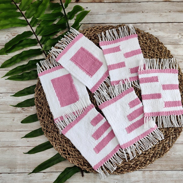 Handwoven Coaster Set of 6 in Pink and White, Woven Coaster, Handmade Coaster, Handwoven Mug Rug Set of 6, Mother's Day Gift!