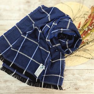Dark Blue with White Grey Stripes Cotton Flannel Scarf, Double Stitched Border with Fringe, Fall Winter Wear, Unisex, Mother&#39;s Day Gift!