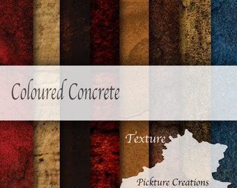 May include: A set of 10 digital paper textures featuring various shades of red, brown, and beige. The textures resemble concrete with a rough, distressed look. The text "Coloured Concrete Texture" and "Pickture Creations" is visible on the image.