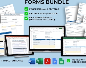 Plumbing Contractor Forms Bundle, 11 Editable Invoice, Estimate & Business Templates (Digital Download)
