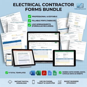 May include: An electrical contractor forms bundle featuring 11 digital templates including payment agreements, change orders, and client feedback forms. The set is compatible with Word, Excel, Google Docs, and Sheets for use on phones, tablets, and computers.