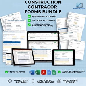 Könnte beinhalten: Ein digitales Bündel von Bauunternehmer-Formularen mit ausfüllbaren PDFs und Live-Tabellen. Die Sammlung enthält 11 Vorlagen, die mit Word, Excel, Google Docs und Sheets kompatibel sind und auf Smartphone, Tablet und Computer angezeigt werden.