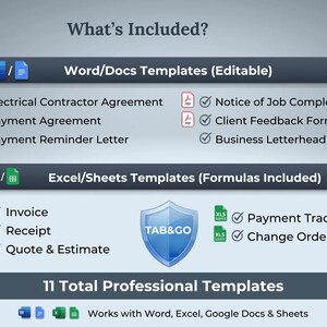 May include: A digital document set titled What's Included featuring Word and Docs templates like Electrical Contractor Agreement, Payment Agreement, and Payment Reminder Letter, plus Excel and Sheets templates including Invoice, Receipt, Quote, and Payment Tracker.