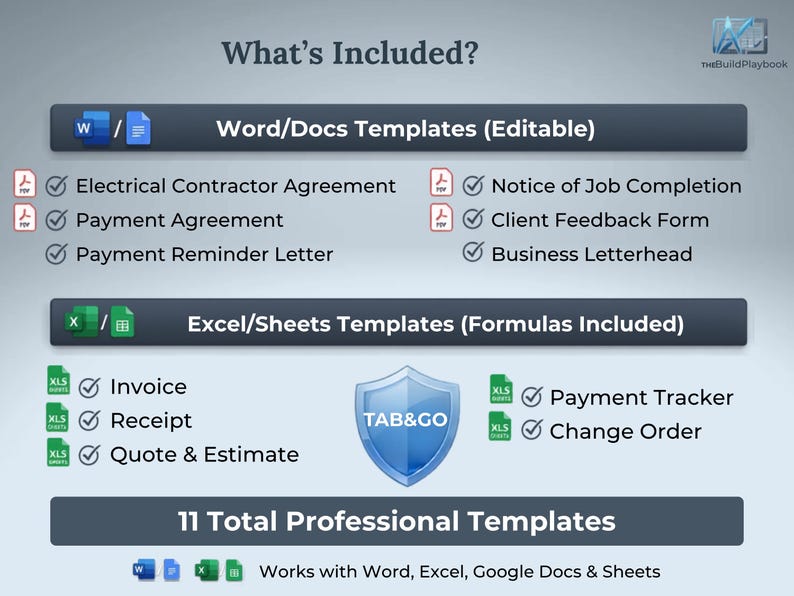 May include: A digital document set titled What's Included featuring Word and Docs templates like Electrical Contractor Agreement, Payment Agreement, and Payment Reminder Letter, plus Excel and Sheets templates including Invoice, Receipt, Quote, and Payment Tracker.