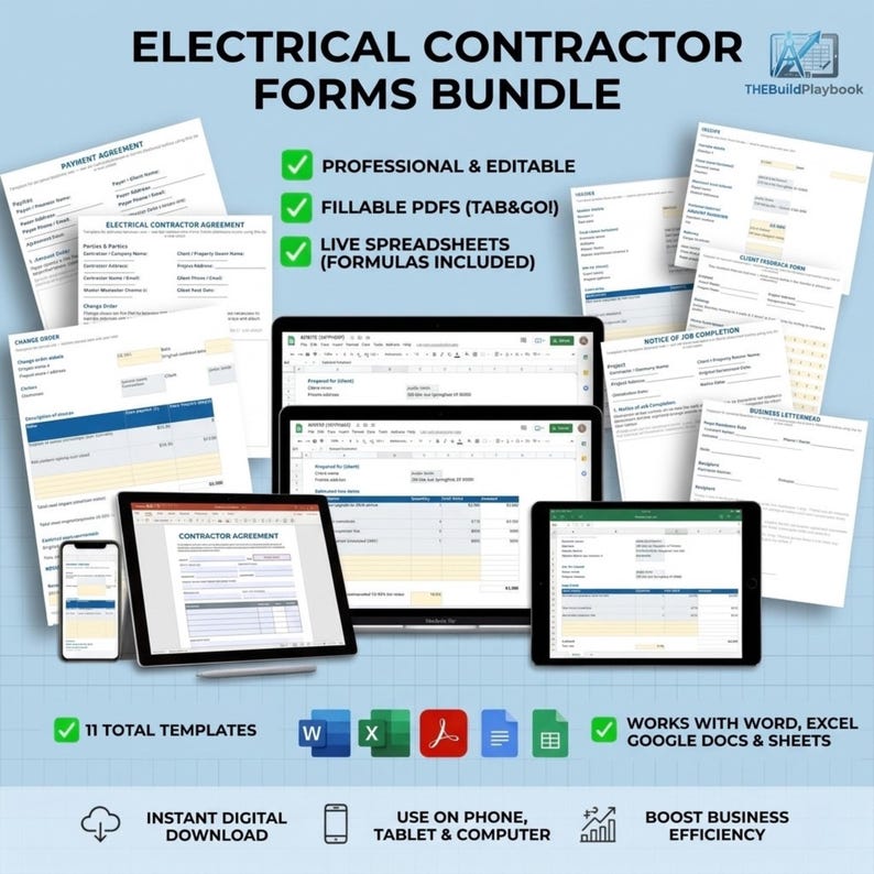 May include: An electrical contractor forms bundle featuring 11 digital templates including payment agreements, change orders, and client feedback forms. The set is compatible with Word, Excel, Google Docs, and Sheets for use on phones, tablets, and computers.