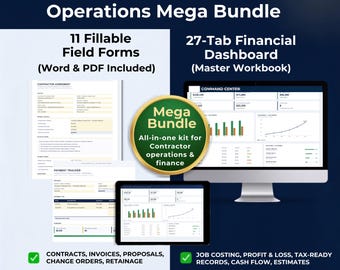 Contractor Business Operations Mega Bundle – Bookkeeping Excel Dashboard, Business Forms (Digital Download)
