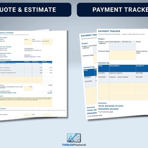 May include: A set of business forms featuring a Quote & Estimate document and a Payment Tracker document. Both forms have blue headers, white backgrounds, and light yellow input fields for project details, itemized costs, and payment logs.