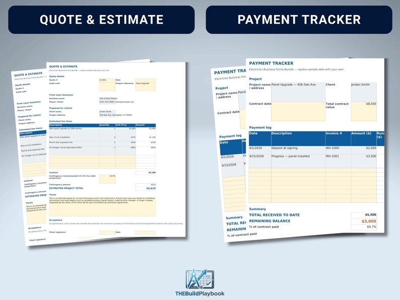 May include: A set of business forms featuring a Quote & Estimate document and a Payment Tracker document. Both forms have blue headers, white backgrounds, and light yellow input fields for project details, itemized costs, and payment logs.