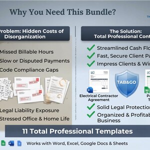 May include: An infographic titled Why You Need This Bundle by THEBuildPlaybook. The left side lists problems like Missed Billable Hours and Legal Liability Exposure with scattered receipts. The right side lists solutions with green checkmarks.
