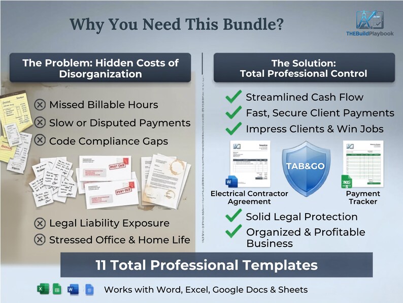May include: An infographic titled Why You Need This Bundle by THEBuildPlaybook. The left side lists problems like Missed Billable Hours and Legal Liability Exposure with scattered receipts. The right side lists solutions with green checkmarks.