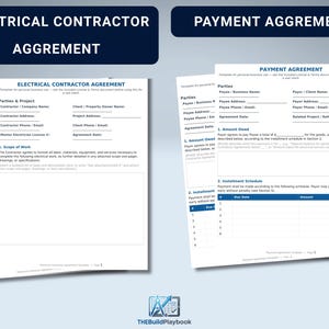 May include: Two printed document templates titled Electrical Contractor Agreement and Payment Agreement. The forms feature blue headers, structured sections for parties, project details, scope of work, payment terms, and installment schedules.