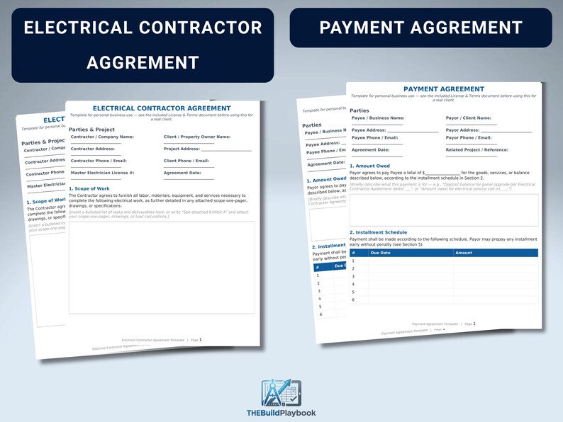 May include: Two printed document templates titled Electrical Contractor Agreement and Payment Agreement. The forms feature blue headers, structured sections for parties, project details, scope of work, payment terms, and installment schedules.