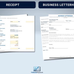 May include: A digital template bundle featuring a white receipt form with blue text and yellow highlighted fields, alongside a white business letterhead template with blue headers, designed for professional documentation and business correspondence.