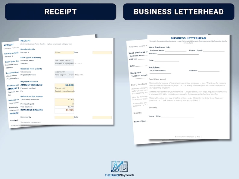 May include: A digital template bundle featuring a white receipt form with blue text and yellow highlighted fields, alongside a white business letterhead template with blue headers, designed for professional documentation and business correspondence.