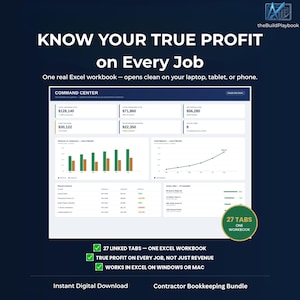 May include: A digital Excel workbook dashboard titled Command Center displaying financial metrics like total revenue, expenses, and net profit. The interface includes bar charts, a cash balance line graph, and invoice lists. A gold badge highlights 27 tabs.
