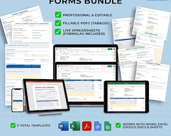 Paquete de plantillas de facturas para empresas de limpieza de casas y formularios para contratistas, facturas y presupuestos editables (descarga digital).