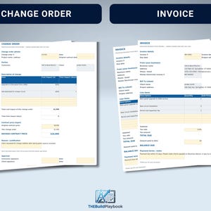 May include: Two white business forms titled Change Order and Invoice with blue headers and text fields. The Change Order form includes sections for project details, description of changes, and cost impact. The Invoice form lists line items, quantities, unit prices, and total due amounts.