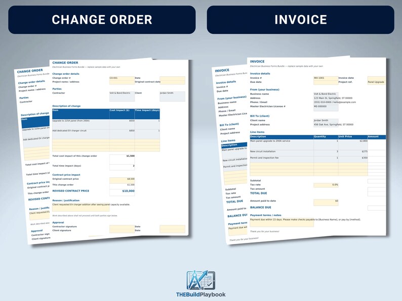 May include: Two white business forms titled Change Order and Invoice with blue headers and text fields. The Change Order form includes sections for project details, description of changes, and cost impact. The Invoice form lists line items, quantities, unit prices, and total due amounts.