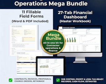 Plumbing Contractor Business Operations Mega Bundle – Bookkeeping Excel Dashboard, Business Forms (Digital Download)