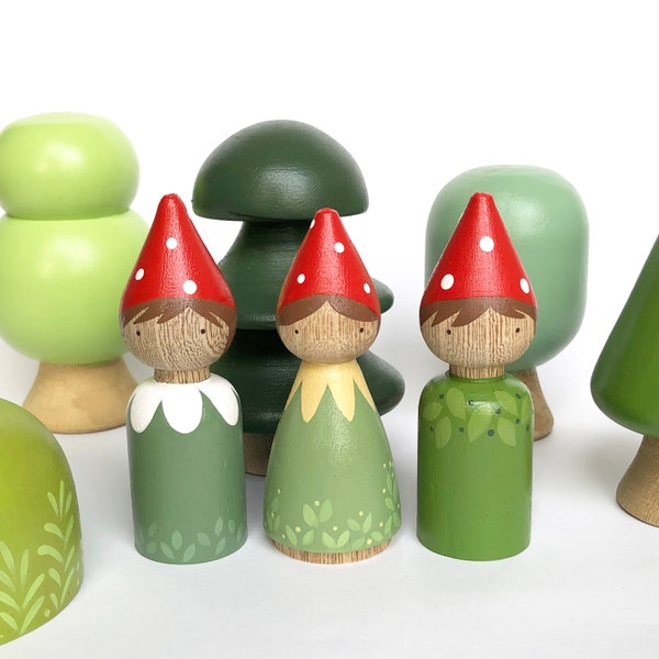 Garden gnomes peg doll set, Enchanted Forest toy for toddlers, wooden baby toys, christmas gift for toddlers, sensory toys for kids.