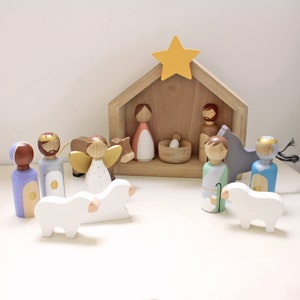 Kids wooden nativity set, Christmas decorations, wooden manger, Peg Doll Nativity Set, Christmas Story, Birth of Jesus, nativity scene house