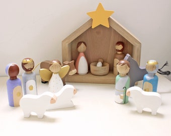 Conjunto de natividad de madera para niños, decoraciones navideñas, pesebre de madera, conjunto de natividad Peg Doll, historia de Navidad, nacimiento de Jesús, casa de escena de natividad